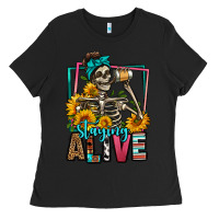 Black staying alive coffee drinking skeleton Ladies Tee - Jasminsmagicworld
