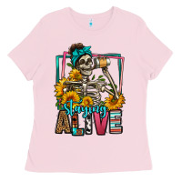 Bubblegum Pink staying alive coffee drinking skeleton Ladies Tee - Jasminsmagicworld