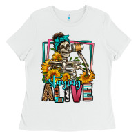 White staying alive coffee drinking skeleton Ladies Tee - Jasminsmagicworld