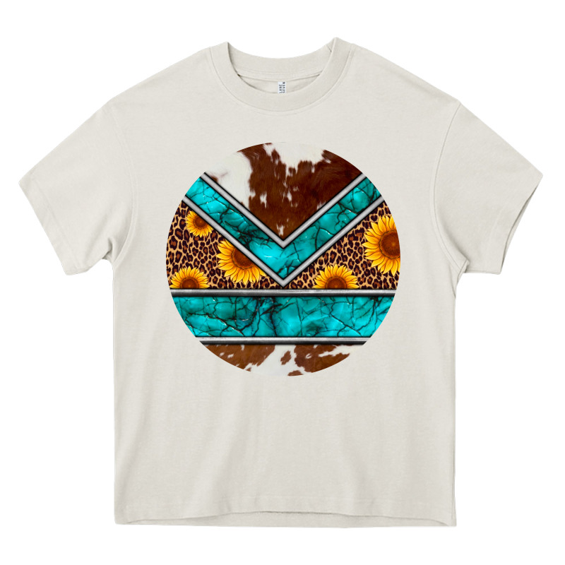 Turquoise Cowhide Leopard Sunflowers Round Heavy Core Tee by Artiststas | Teevron