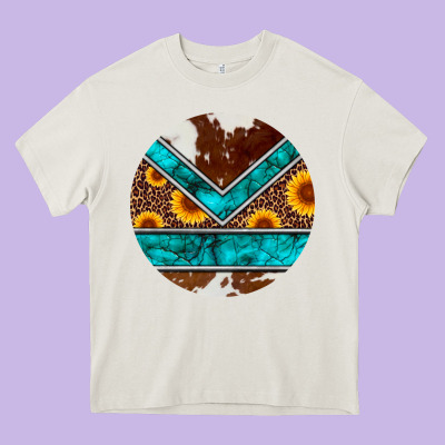 Turquoise Cowhide Leopard Sunflowers Round Heavy Core Tee Designed By Artiststas
