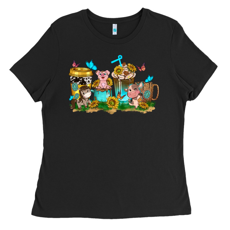 Farm Cute Animals With Sunflower Coffee Cups Ladies Tee by NancyCooperArtShop | Teevron