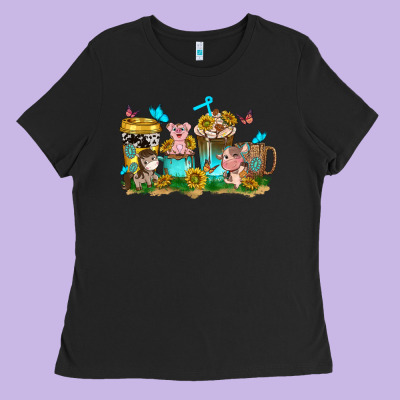 Farm Cute Animals With Sunflower Coffee Cups Ladies Tee Designed By Nancycooperartshop