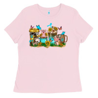 Bubblegum Pink farm cute animals with sunflower coffee cups Ladies Tee - NancyCooperArtShop