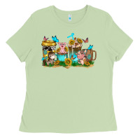 Matcha farm cute animals with sunflower coffee cups Ladies Tee - NancyCooperArtShop