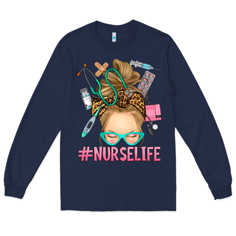 Blonde Messy Bun Nurse Life Long Sleeve Tee by RanaPortraitStore | Teevron