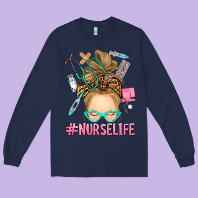 Blonde Messy Bun Nurse Life Long Sleeve Tee Designed By Ranaportraitstore