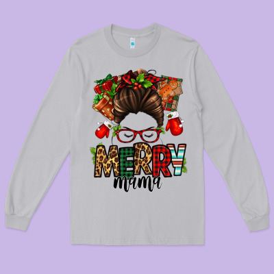 Christmas Merry Mama Messy Bun Long Sleeve Tee Designed By Jasminsmagicworld