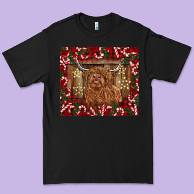 Christmas Highland Cow With Candy Canes Premium Tee Designed By Barkaloodesign