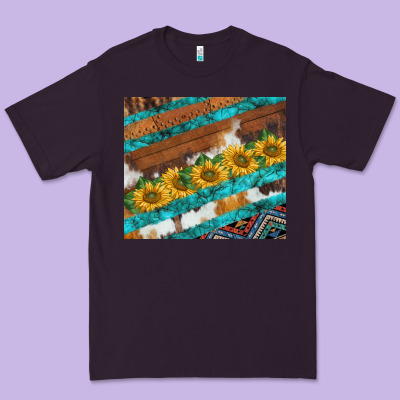 Western Aztec Sunflowers Turquoise Cowhide Premium Tee Designed By Barkaloodesign