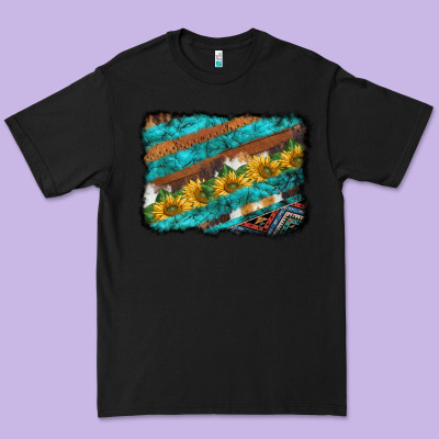 Western Aztec Sunflowers Turquoise Cowhide Background Premium Tee Designed By Barkaloodesign