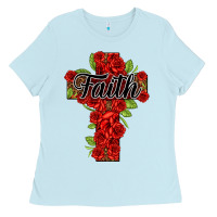 Baby Blue faith floral cross Ladies Tee - NancyCooperArtShop