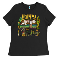 Black happy camper caravan and gnome Ladies Tee - BarkalooDesign