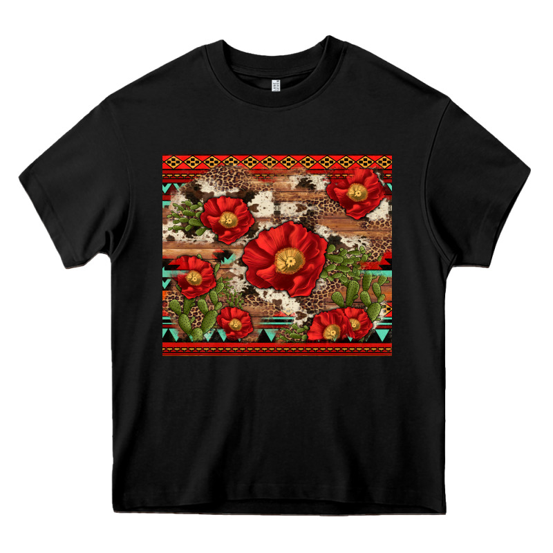 Red Flower And Cactus With Cowhide And Aztec Heavy Core Tee by Artiststas | Teevron