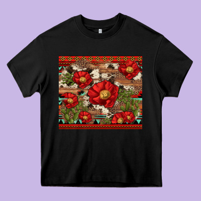Red Flower And Cactus With Cowhide And Aztec Heavy Core Tee Designed By Artiststas