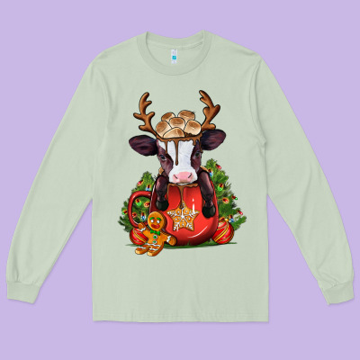 Christmas Baby Cow Hot Cocoa Long Sleeve Tee Designed By Jasminsmagicworld