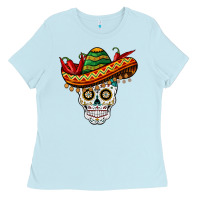 Baby Blue cinco de mayo sombrero skull Ladies Tee - BarkalooDesign