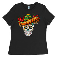 Black cinco de mayo sombrero skull Ladies Tee - BarkalooDesign