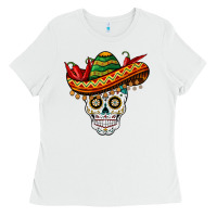 White cinco de mayo sombrero skull Ladies Tee - BarkalooDesign