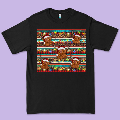Christmas Turquoise Serape Highland Cow Premium Tee Designed By Barkaloodesign