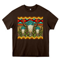 Chocolate Brown bull skulls gemstones and cactus with leopard and aztec Heavy Core Tee - Artiststas