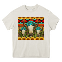 Cream bull skulls gemstones and cactus with leopard and aztec Heavy Core Tee - Artiststas
