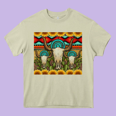 Bull Skulls Gemstones And Cactus With Leopard And Aztec Heavy Core Tee Designed By Artiststas
