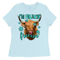 Baby Blue i'm freakin freezin long haired cow Ladies Tee - Jasminsmagicworld