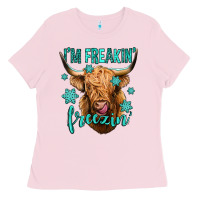 Bubblegum Pink i'm freakin freezin long haired cow Ladies Tee - Jasminsmagicworld