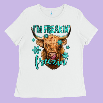 I'm Freakin Freezin Long Haired Cow Ladies Tee Designed By Jasminsmagicworld