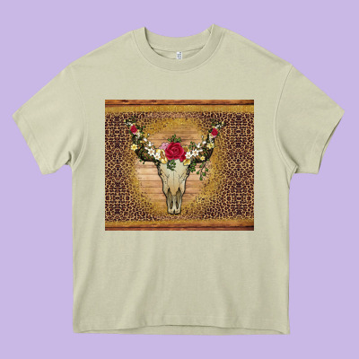 Bull Skull Flowers Glitter And Leopard Heavy Core Tee Designed By Artiststas