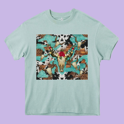 Bull Skull Flowers Cowhides And Leopard Heavy Core Tee Designed By Artiststas