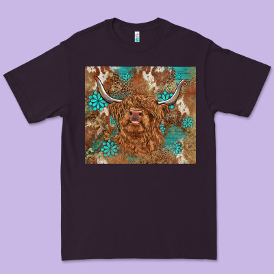 Highland Cow Turquoise Gemstones Western Patterns Premium Tee Designed By Barkaloodesign