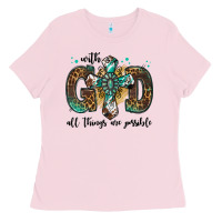 Bubblegum Pink with god all things are possible gemstone cross Ladies Tee - Jasminsmagicworld