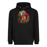 Black Our Lady Of Guadalupe Mexican Flag Cactus Roses Heavyweight Hoodie - FaDigitalArtStudio