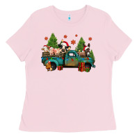 Bubblegum Pink christmas farm animals truck Ladies Tee - Jasminsmagicworld