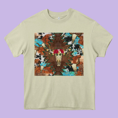 Western Floral Bullskull Cowhide And Leopard Heavy Core Tee Designed By Artiststas