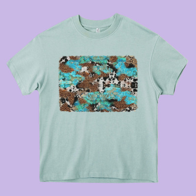 Western Cowhide And Leopard With Turquoise Background Heavy Core Tee Designed By Artiststas