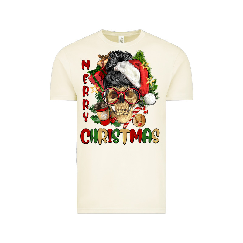 Merry Christmas Skeleton Messy Bun Vintage Tee by NancyCooperArtShop | Teevron
