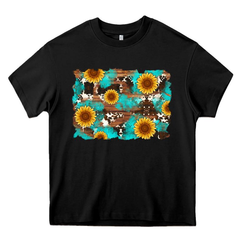 Sunflower And Cowhides With Wood And Turquoise Background Heavy Core Tee by Artiststas | Teevron
