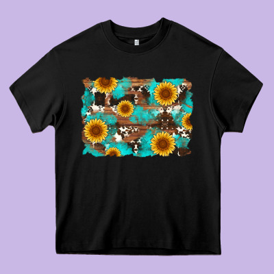 Sunflower And Cowhides With Wood And Turquoise Background Heavy Core Tee Designed By Artiststas