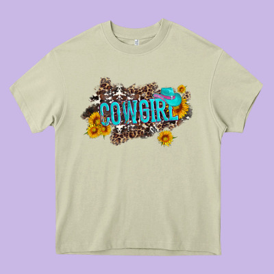 Western Cowgirl And Sunflower With Hat And Cowhide Leopard Heavy Core Tee Designed By Artiststas