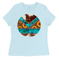 Baby Blue turquoise cowhide leopard sunflowers round Ladies Tee - Artiststas