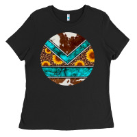 Black turquoise cowhide leopard sunflowers round Ladies Tee - Artiststas