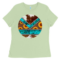 Matcha turquoise cowhide leopard sunflowers round Ladies Tee - Artiststas