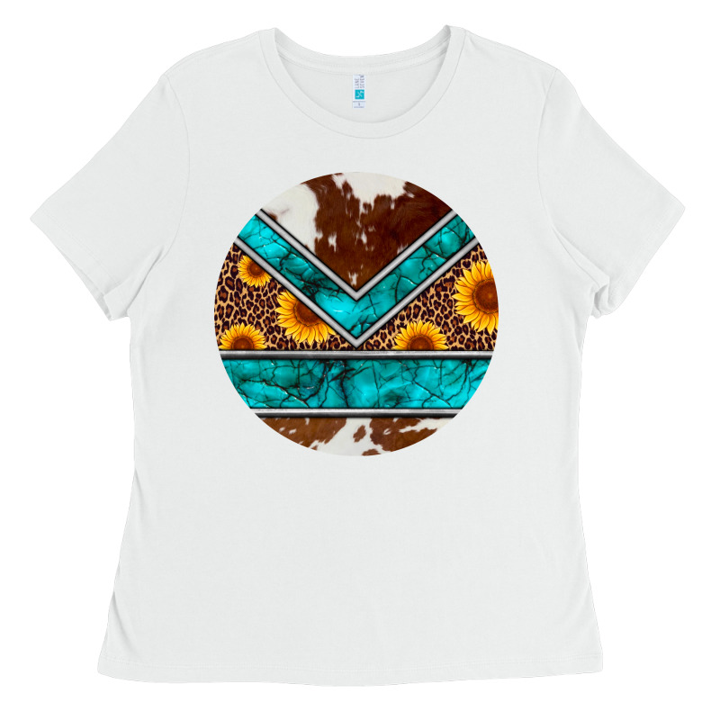Turquoise Cowhide Leopard Sunflowers Round Ladies Tee by Artiststas | Teevron