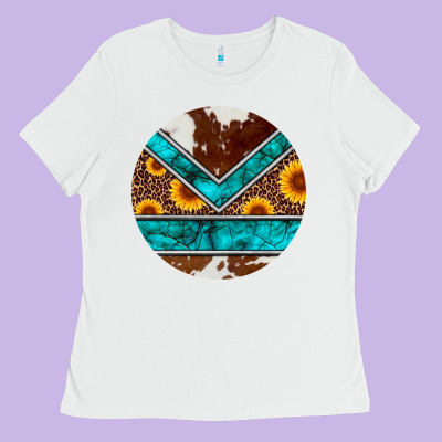 Turquoise Cowhide Leopard Sunflowers Round Ladies Tee Designed By Artiststas