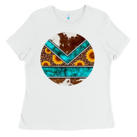 White turquoise cowhide leopard sunflowers round Ladies Tee - Artiststas
