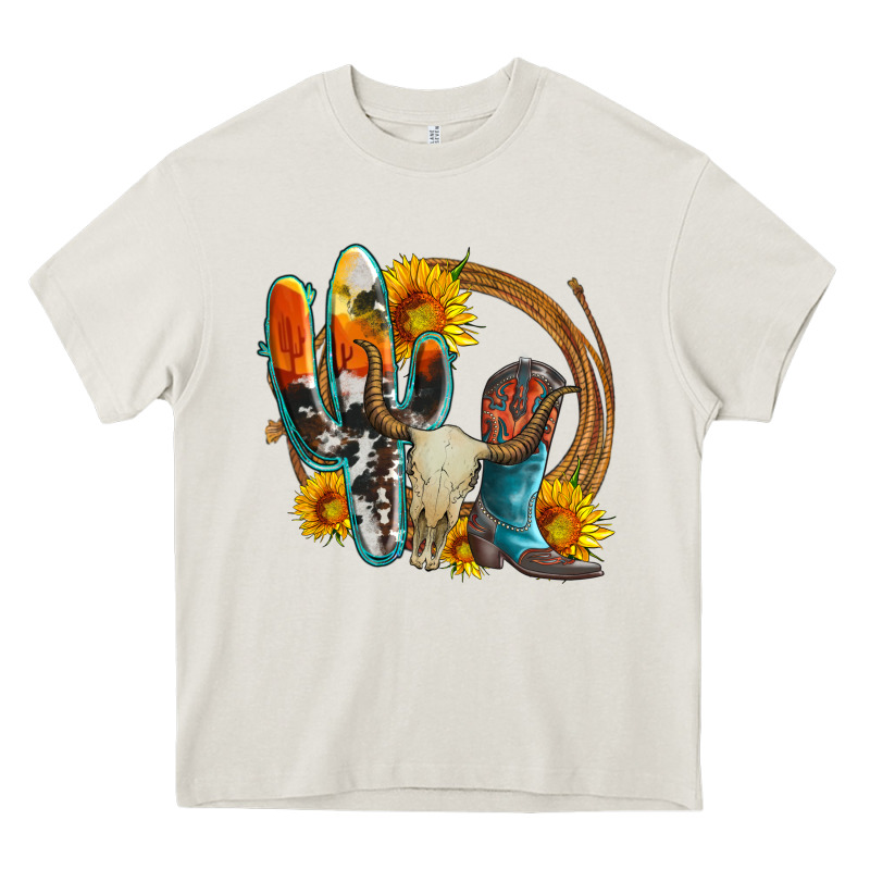 Western Cactus Bullskull And Boots With Sunflowers And Serape Leopard Heavy Core Tee by Artiststas | Teevron