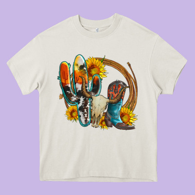 Western Cactus Bullskull And Boots With Sunflowers And Serape Leopard Heavy Core Tee Designed By Artiststas